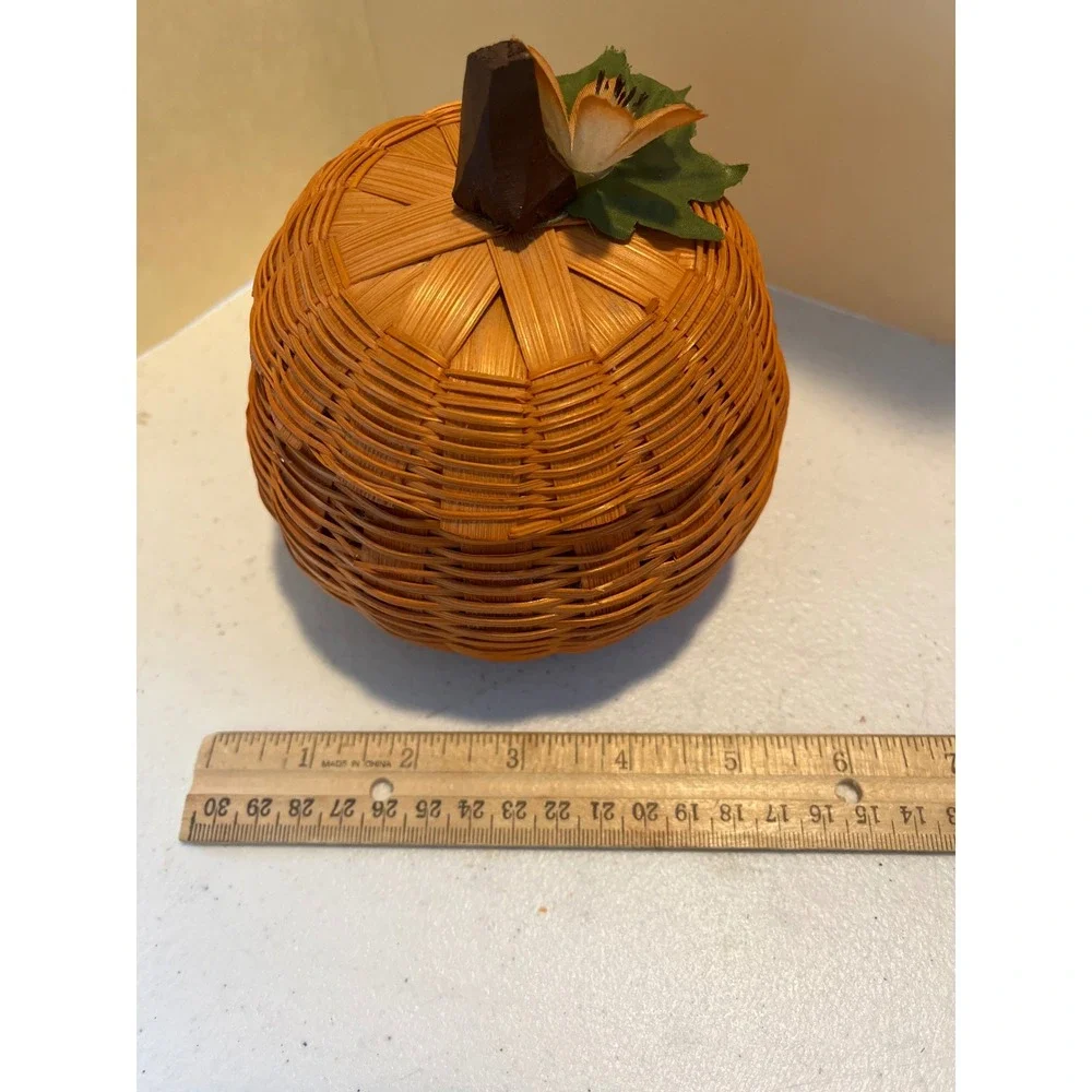 Orange Wicker Pumpkin Basket with Lid Fall Autumn Decor Floral Accent 5 Inch
